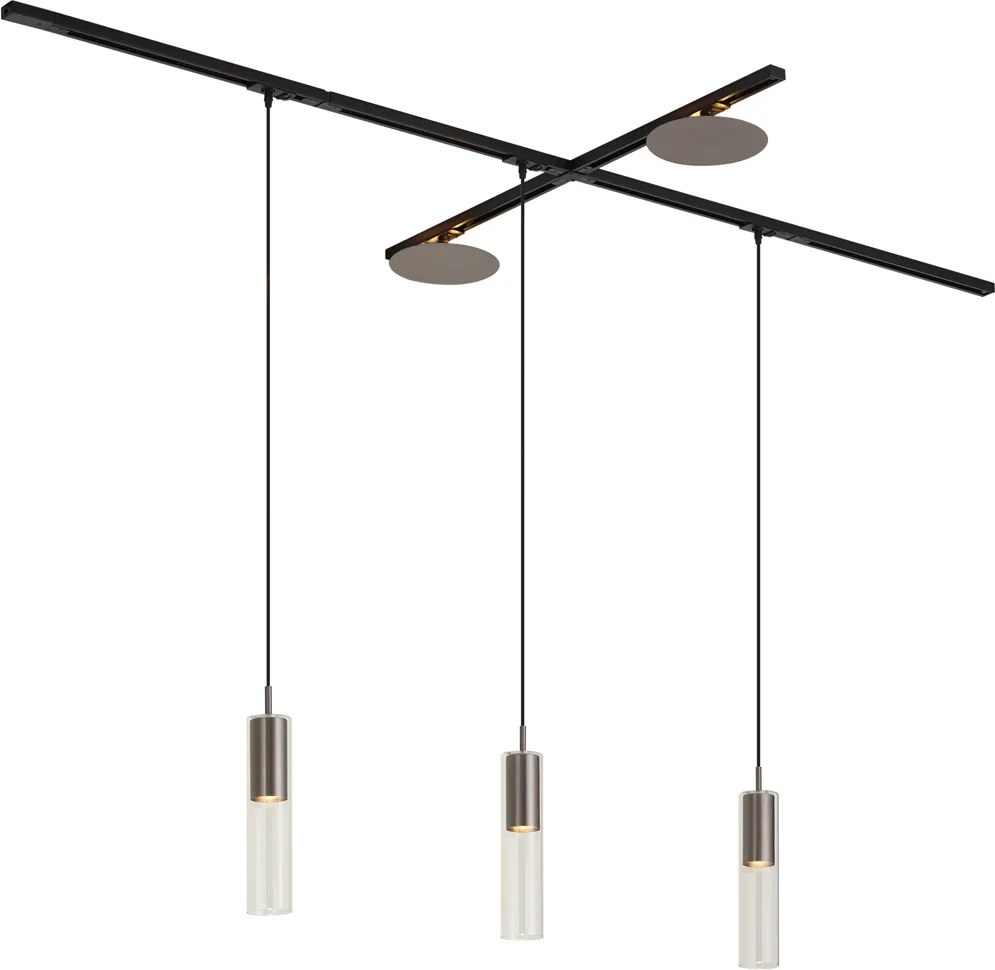 Sistema di illuminazione a binario moderno nero con 3 luci a sospensione e 2 plafoniere color canna di fucile monofase - Iconic Lloyd Pulley