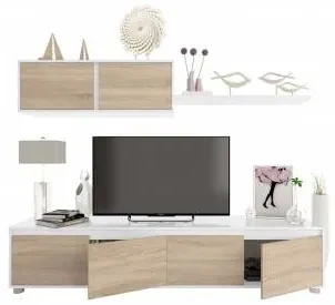 Parete Attrezzata Salotto Odessa, Mobile TV 200cm + Pensile Con Ante A Ribalta, Bianco Lucido/rovere - Design Moderno Salvaspazio