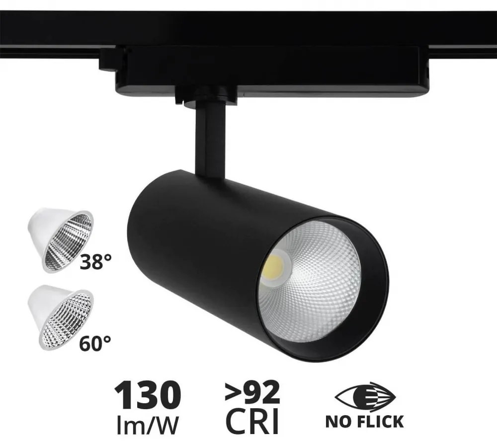 Faro LED 30W Monofase Nero, 38°/60°, 130lm/W, CRI92, no Flickering Colore Bianco Naturale 4.000K