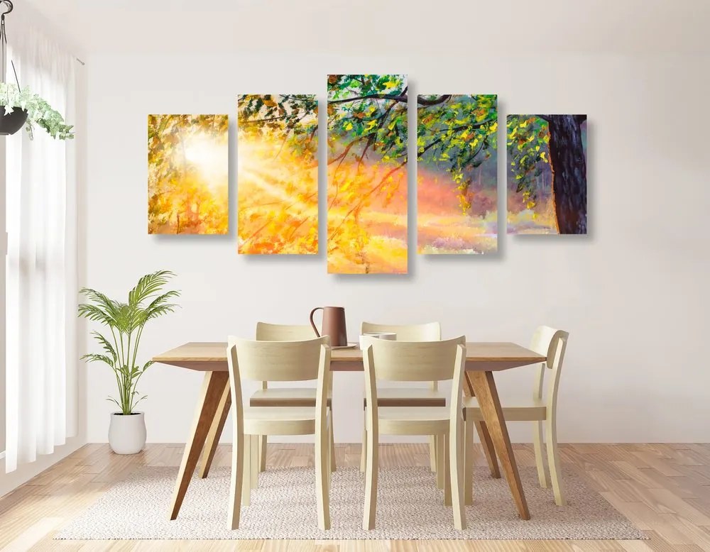 Quadri 5 pezzi – Alba nella foresta