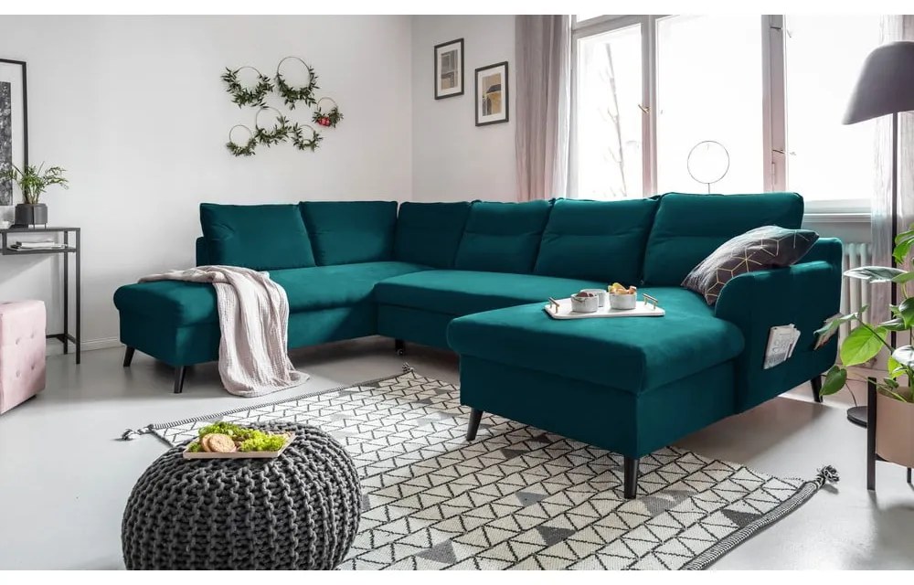 Divano letto a U in velluto turchese, angolo sinistro Stylish Stan - Miuform