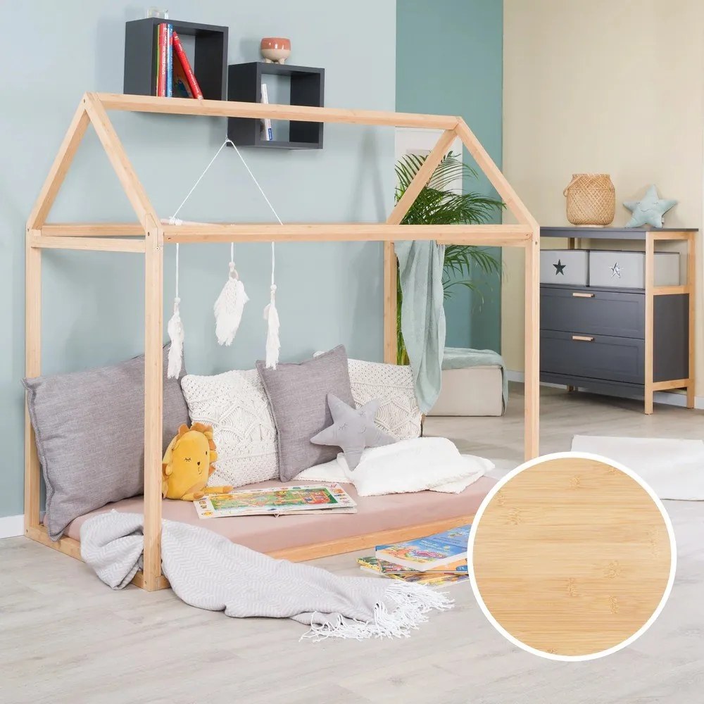 Letto da bambini a forma di casa di colore naturale in bambù con materasso incluso e rete non inclusa 70x140 cm House Bed – Roba