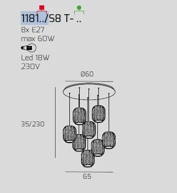 Sospensione cromo 8 luci tonda vetri blu 1181cr-s8 t-bl