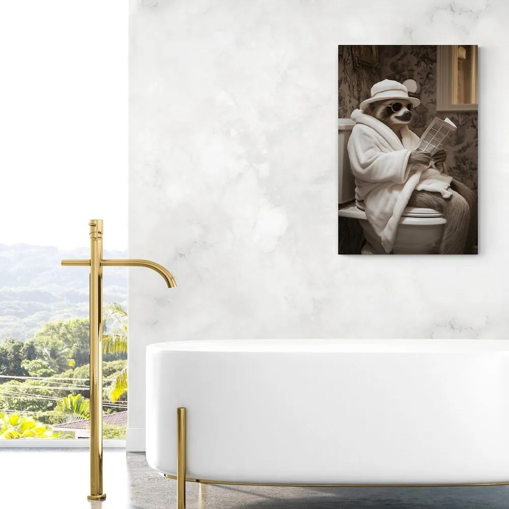 Quadro su tela – Bradipo con giornale in bagno