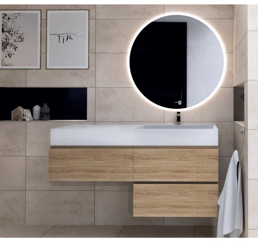 Mobile Bagno Sospeso 120 Cm Tre Cassetti Specchio Retroilluminato Diametro 70 Cm Esseci Arredo Bagno "Carlotta"