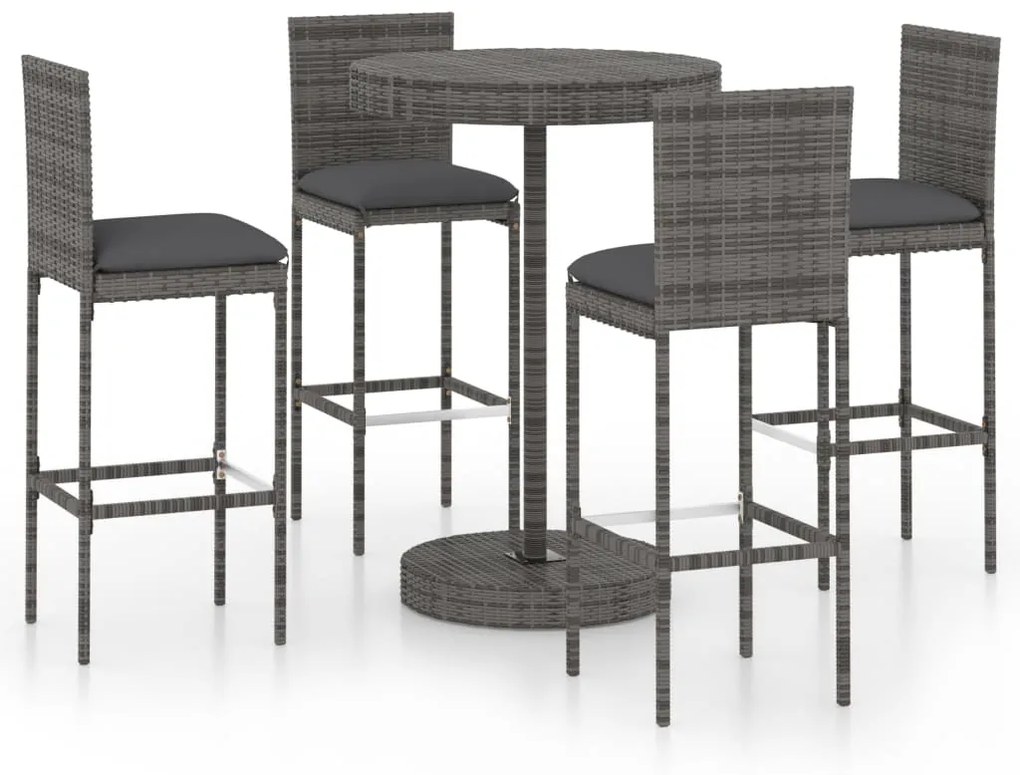 Set da bar da giardino 5 pz con cuscini in polyrattan grigio