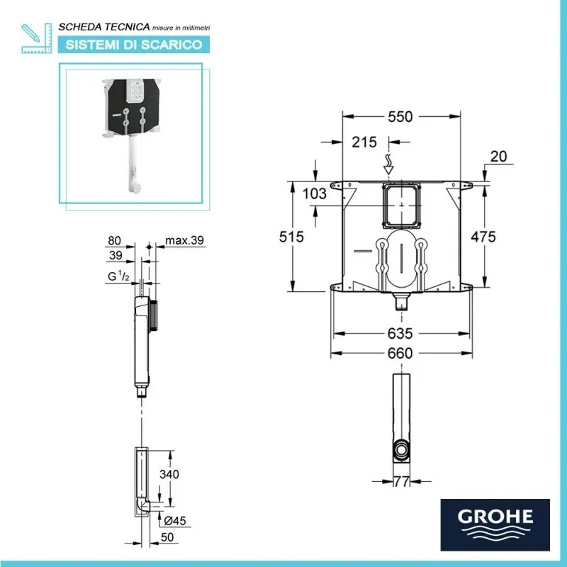 Cassetta di risciacquo 80 mm con canotto per WC Grohe da incasso