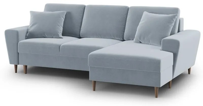 Divano angolare azzurro allungabile e con contenitore (con penisola a destra/con chaise lounge) con rivestimento in velluto Kyoto – Cosmopolitan Design