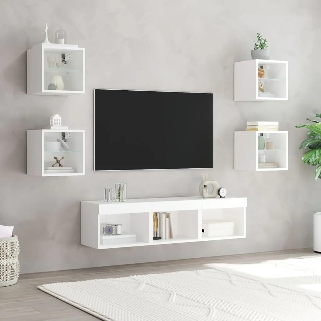 Mobili tv a muro con led 7pz bianchi in legno multistrato