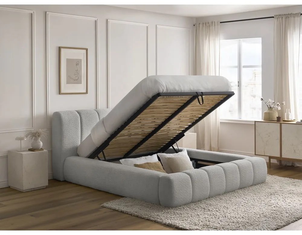 Letto matrimoniale imbottito in grigio chiaro con contenitore con rete inclusa 180x200 cm Denali – Bobochic Paris