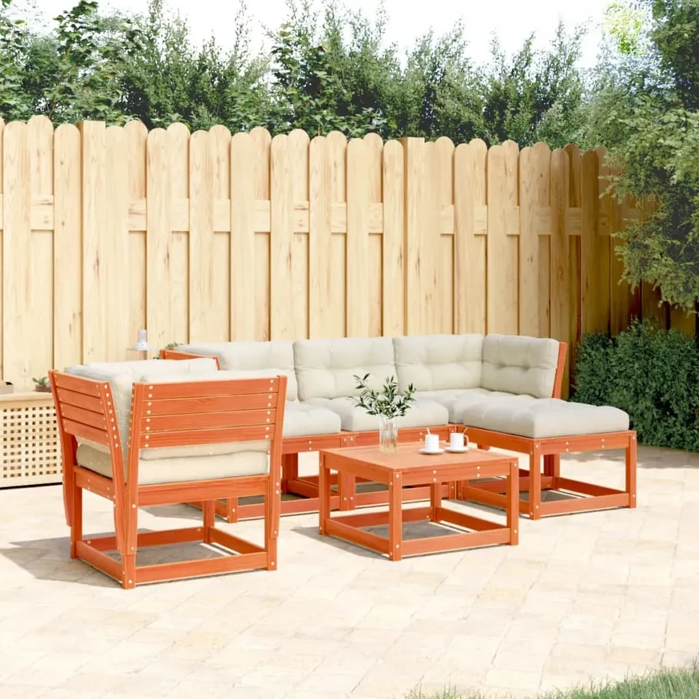 Set salotto giardino 5pz con cuscini marrone cera massello pino