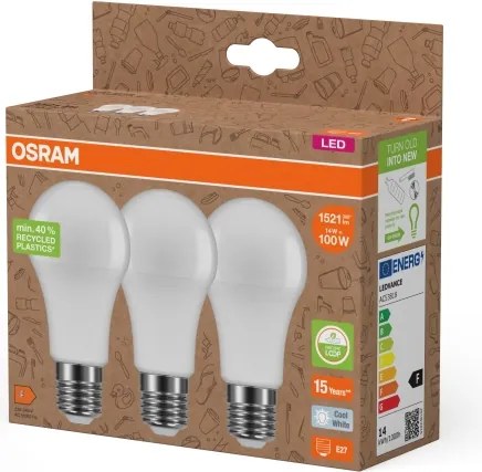 Set da 3 lampadine LED in plastica riciclata A100 E27/14W/230V 4000K - Osram