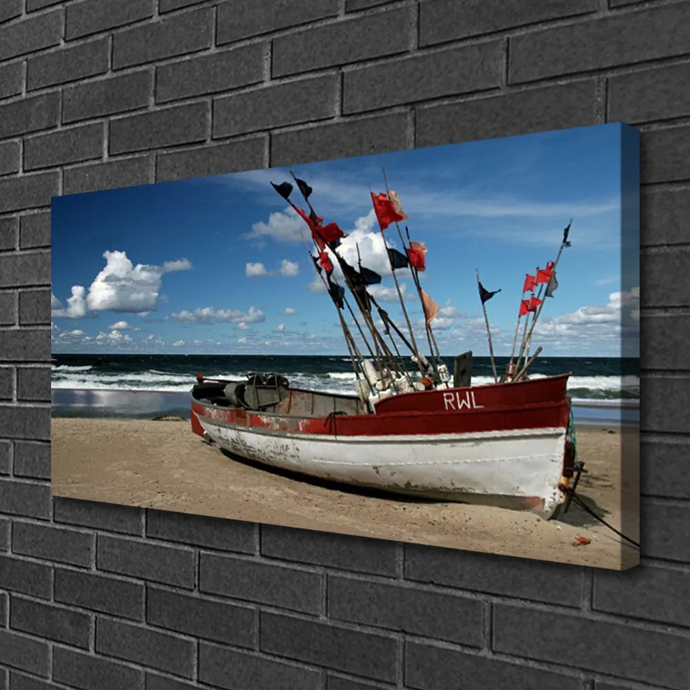 Quadro su tela Spiaggia del mare Paesaggio della barca 140x70 cm