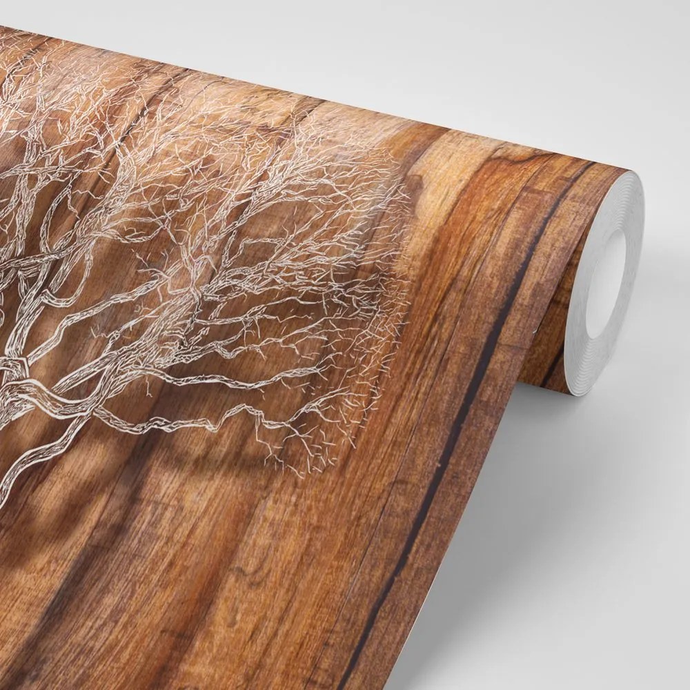 Carta da parati – Albero su Sfondo di Legno