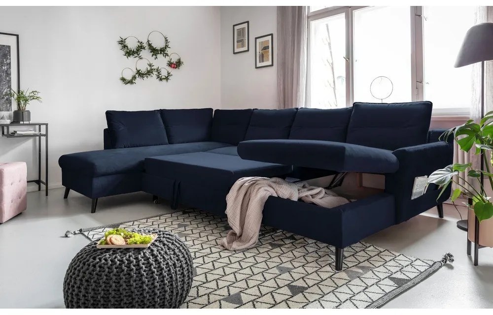 Divano letto a U in velluto blu scuro, angolo sinistro Stylish Stan - Miuform