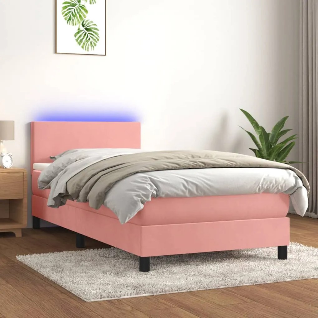 Letto a Molle con Materasso e LED Rosa 100x200 cm in Velluto