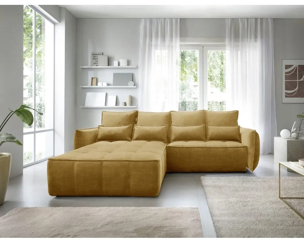 Divano angolare giallo allungabile/con contenitore (con penisola a sinistra/con chaise lounge) e rivestimento in velluto Campo – ELTAP