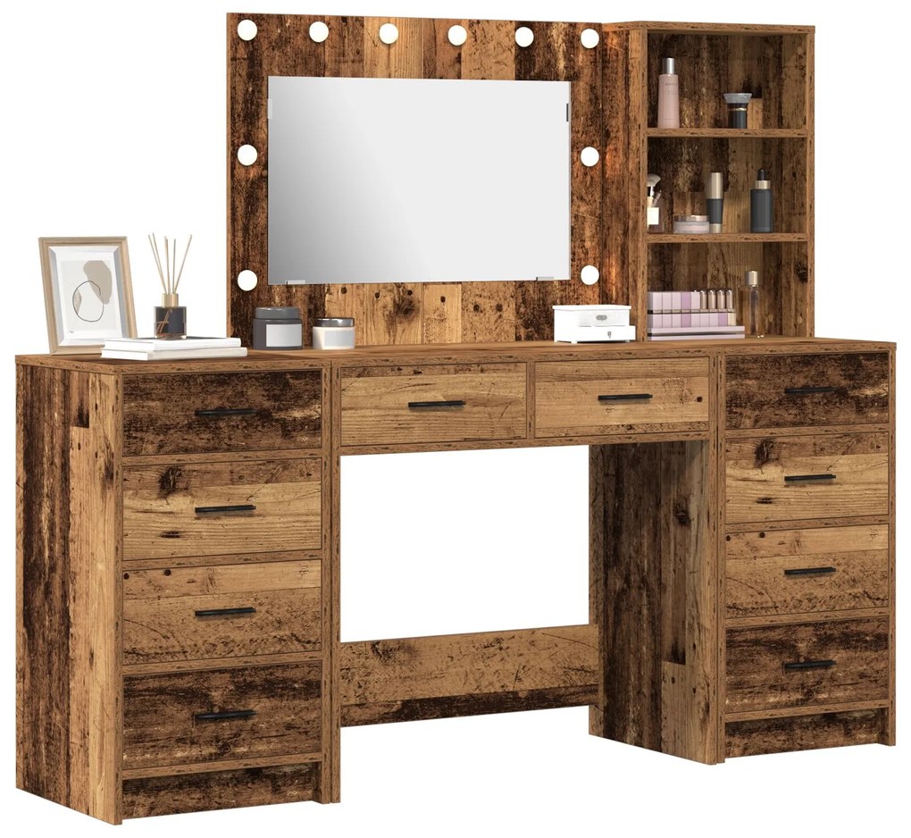 Set di 3 pezzi di tavolo da toeletta con led legno vecchio legno ingegnerizzato