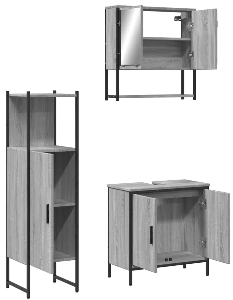 Set mobili da bagno 3 pz grigio sonoma in legno multistrato