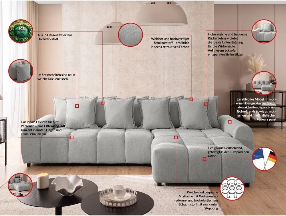 Divano angolare grigio chiaro (con penisola a destra/con chaise lounge) Albane – Ropez