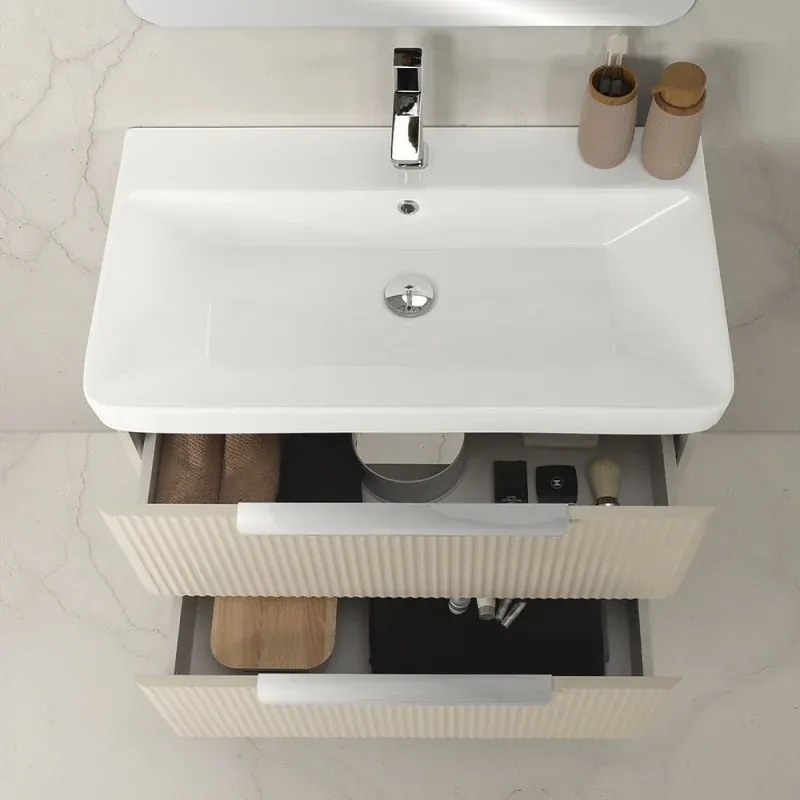 Mobile bagno sospeso 80cm beige cannettato con cassetti, specchio e lavabo Mia