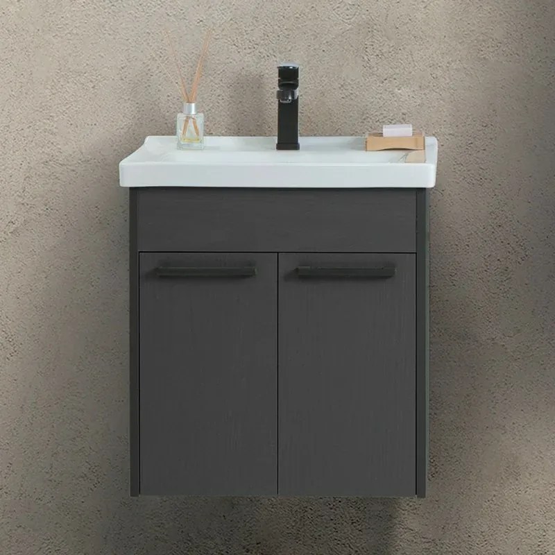 Mobile bagno sospeso 55 cm grigio effetto legno con armadietto a specchio Sofia