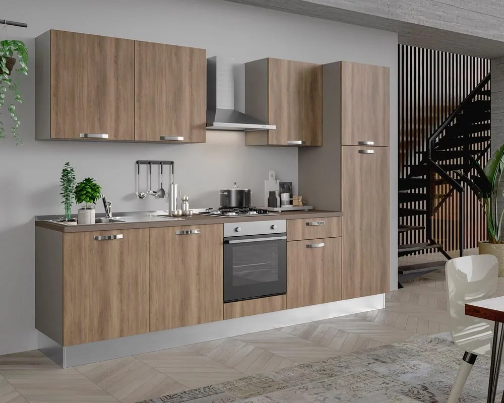 Cucina montata Dora rovere chiaro, lavello a sinistra, L 300 cm, completa di: cappa a camino, piano cottura a gas, forno, frigorifero