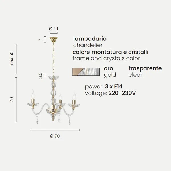 Lampada a sospensione 3 luci - cristallo e vetro D70 cm BRIGIDA