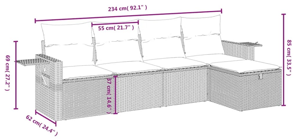 Set divani da giardino 5 pz con cuscini in polyrattan nero