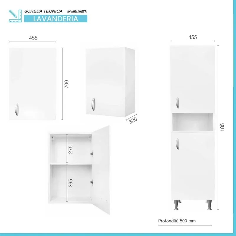 Set da 45 cm con lavatoio colonna e pensile in legno bianco Fedra