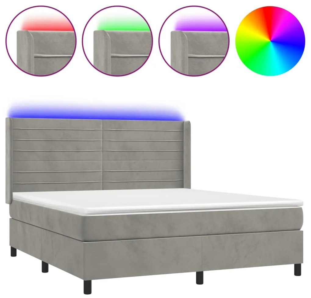 Letto a molle materasso e led grigio chiaro 160x200 cm velluto