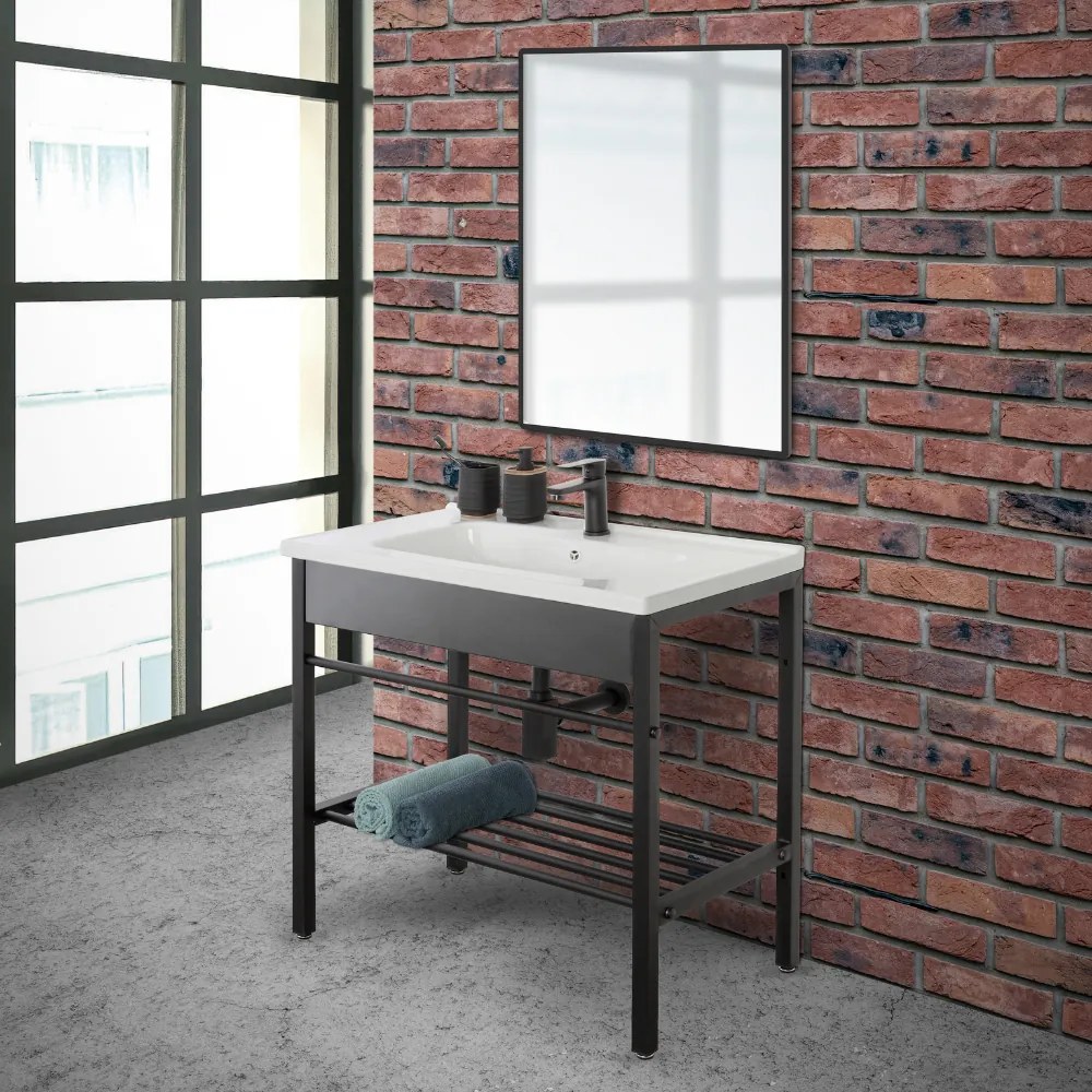 Mobile Bagno con Lavabo in Ceramica, Specchio e Sifone, Vano Portaoggetti, in Acciaio - 80 cm Nero