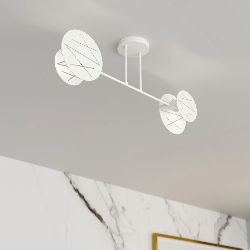 Plafoniera 2 Luci Plutone In Acciaio Bianco A Bracci E Diffusori A Cerchio