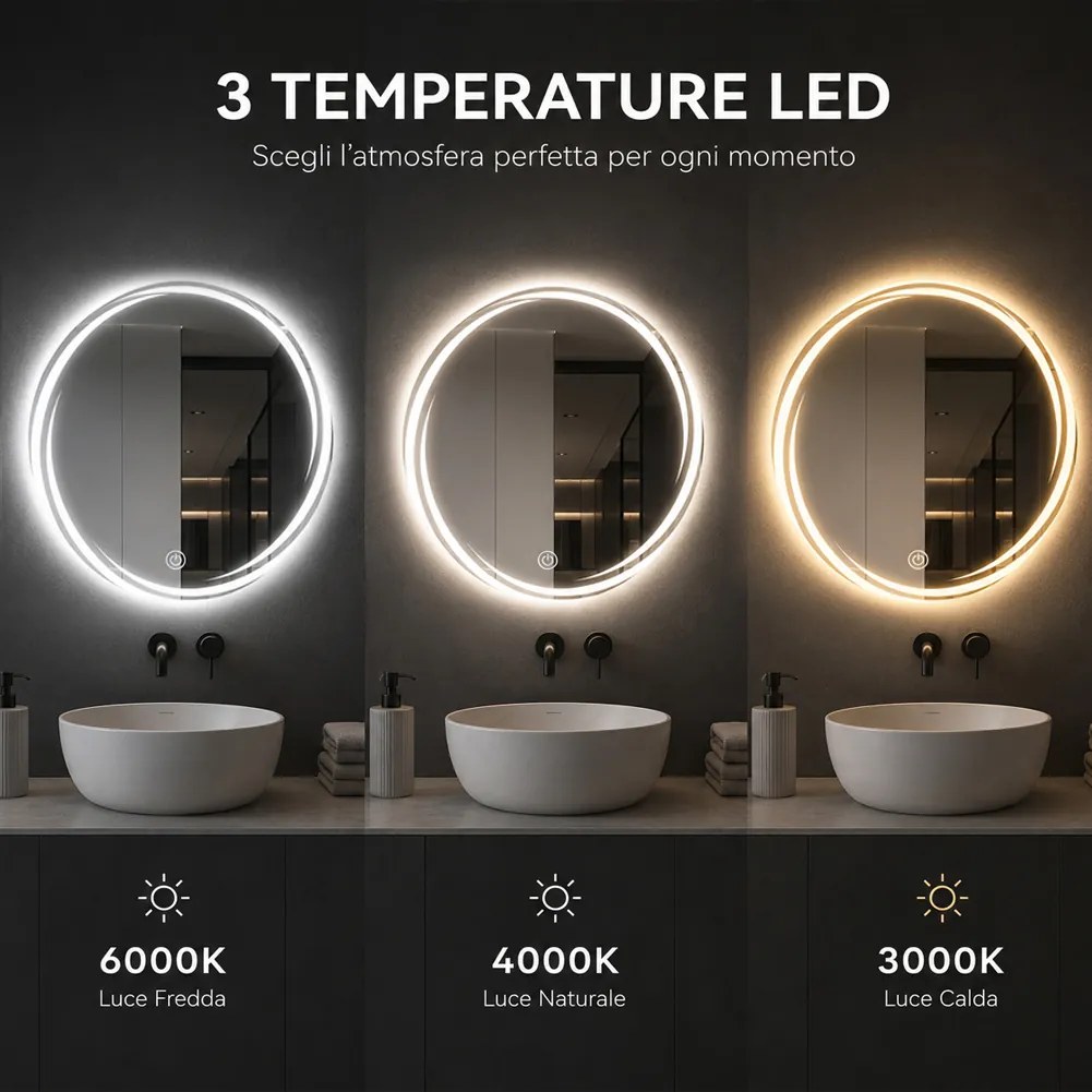 Specchio Rotondo Ø70cm con Spirale LED a 3 Colori Dimmerabile Accensione Touch...