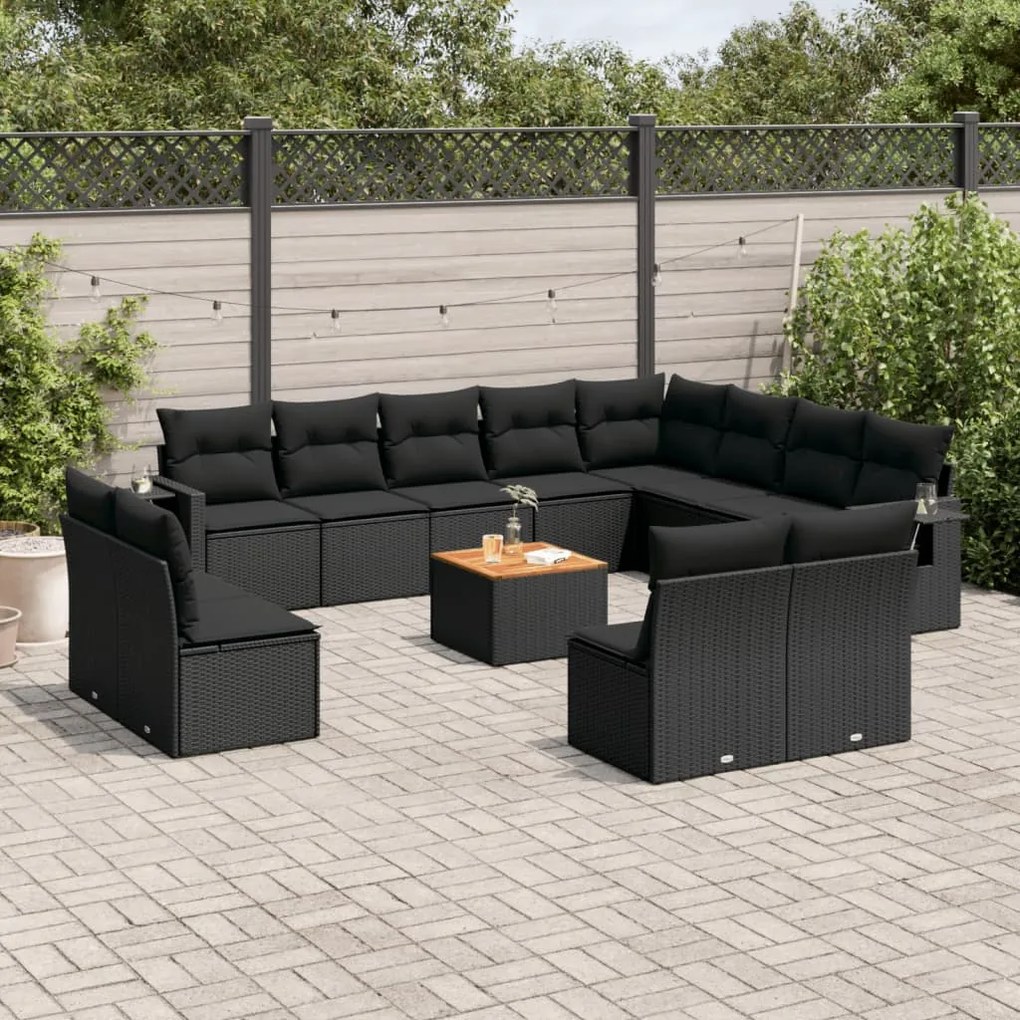 Set Divani da Giardino 13pz con Cuscini Nero in Polyrattan