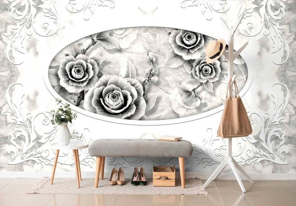 Carta da parati – Rose di pietra in bianco e nero