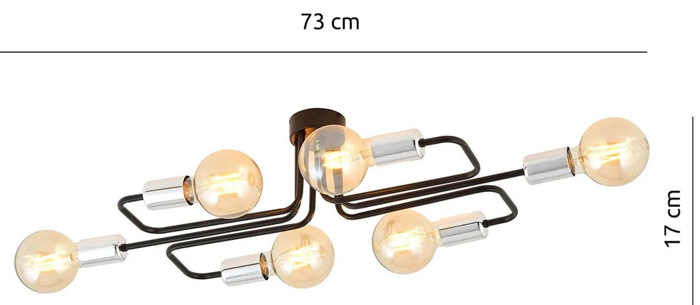 Plafoniera Industriale 6 Luci Diomede In Acciao Nero E Cromo A Bracci
