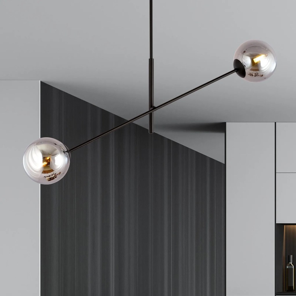 Lampadario 2 Luci Linear In Acciao Nero Con Bracci Regolabili E Vetro Fumè