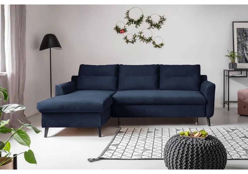 Divano letto angolare in velluto blu scuro, angolo sinistro Stylish Stan - Miuform