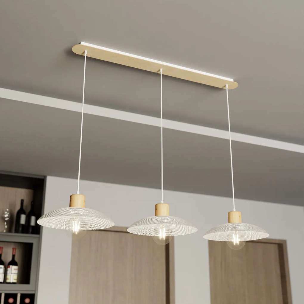 Sospensione Nordica Ishtar 3 Luci In Legno E Acciaio Bianco