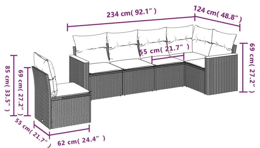 Set divano da giardino 6 pz con cuscini nero in polyrattan