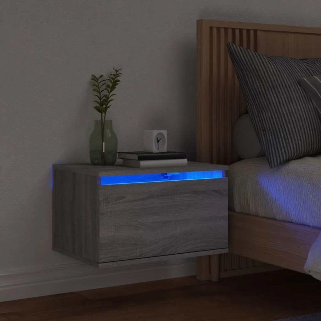 Comodino A Parete Con Luci Led Grigio Sonoma /