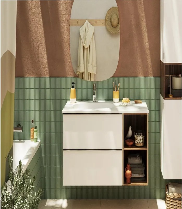 Mobile bagno sospeso con lavabo e organizer per cosmetici, top incluso L 60 x H 55 x P 45 cm bianco e miele in truciolare 2 cassetti per vasca centrale Modern