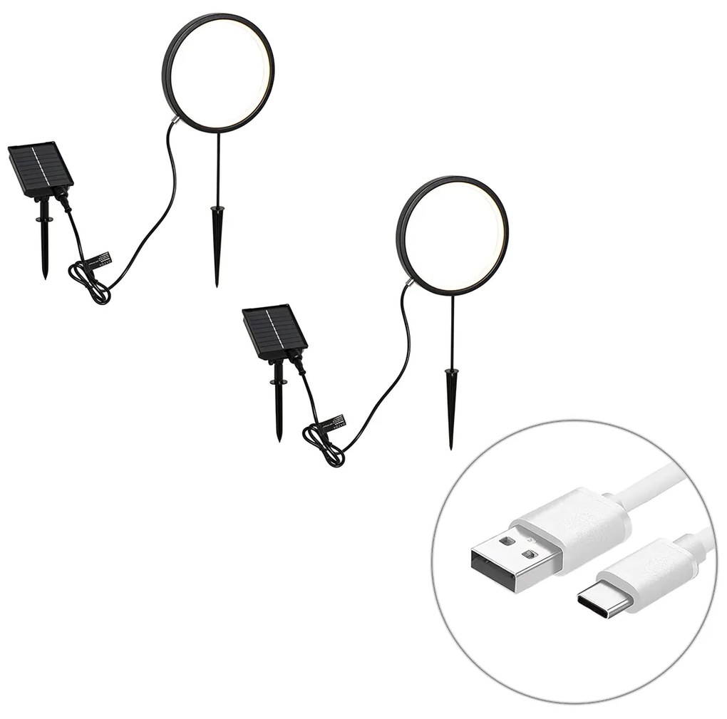 Set di 2 Faretti a Picchetto Neri 50cm con LED Ricaricabili e Solari IP65 - Adalind