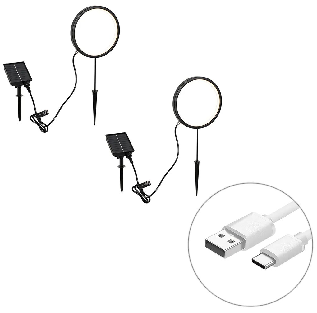 Set di 2 faretti da terra neri 50 cm con LED ricaricabili e pannello solare IP65 - Adalind