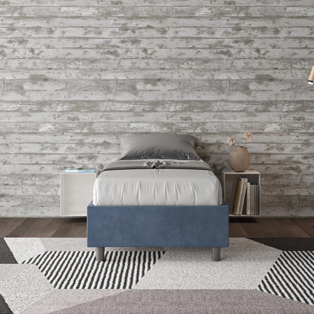 Letto singolo imbottito 80x190 microfibra Azelia senza rete, con rete e contenitore, Blu / Contenitore