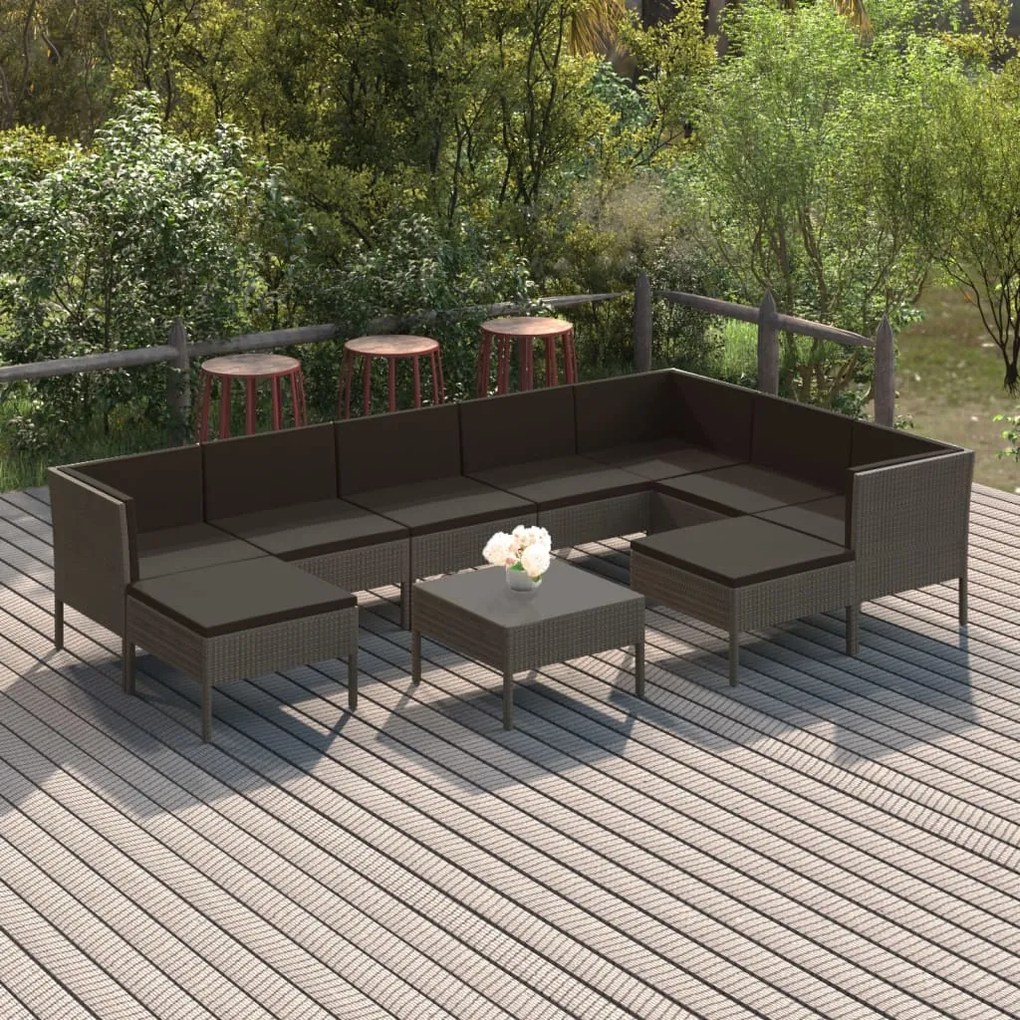 Set divani da giardino 10 pz con cuscini in polyrattan grigio