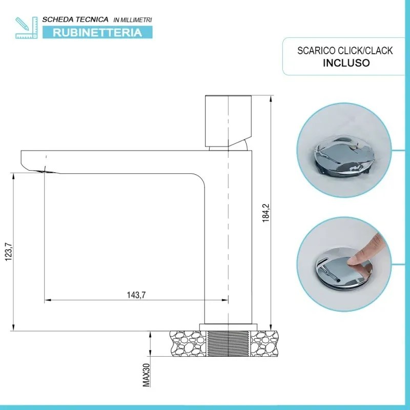 Miscelatore lavabo bocca lunga in ottone con manopola e piletta click clack Lotus