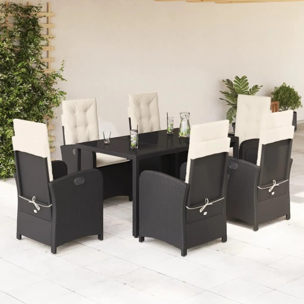 Set da pranzo da giardino 7 pz nero con cuscini in polyrattan