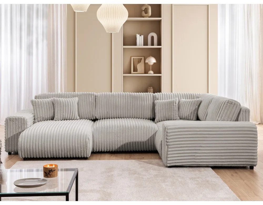 Divano angolare grigio chiaro (con penisola a destra/a U) rivestito in velluto a coste Justin – Ropez